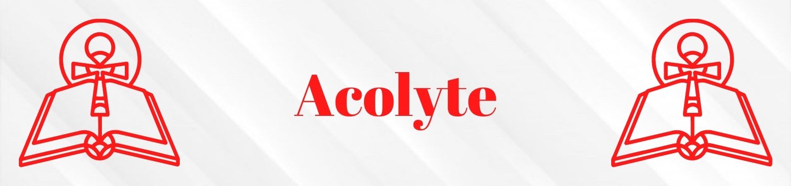 The word Acolyte written in red on a white background, with a bible and cross in red outline on each side of the word.