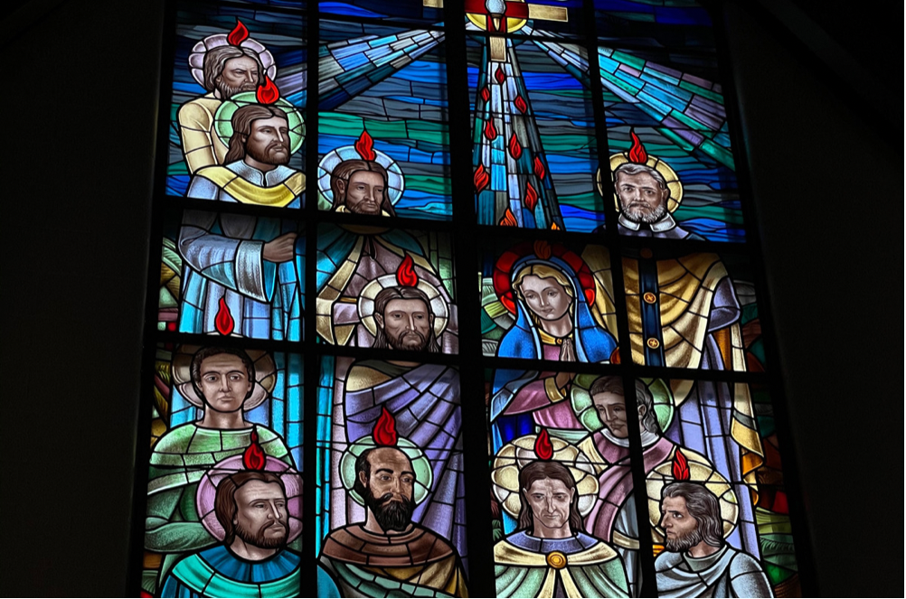 Photo of the Pentecost Window, the 12 Apostle receiving the gift of the Holy Spirit