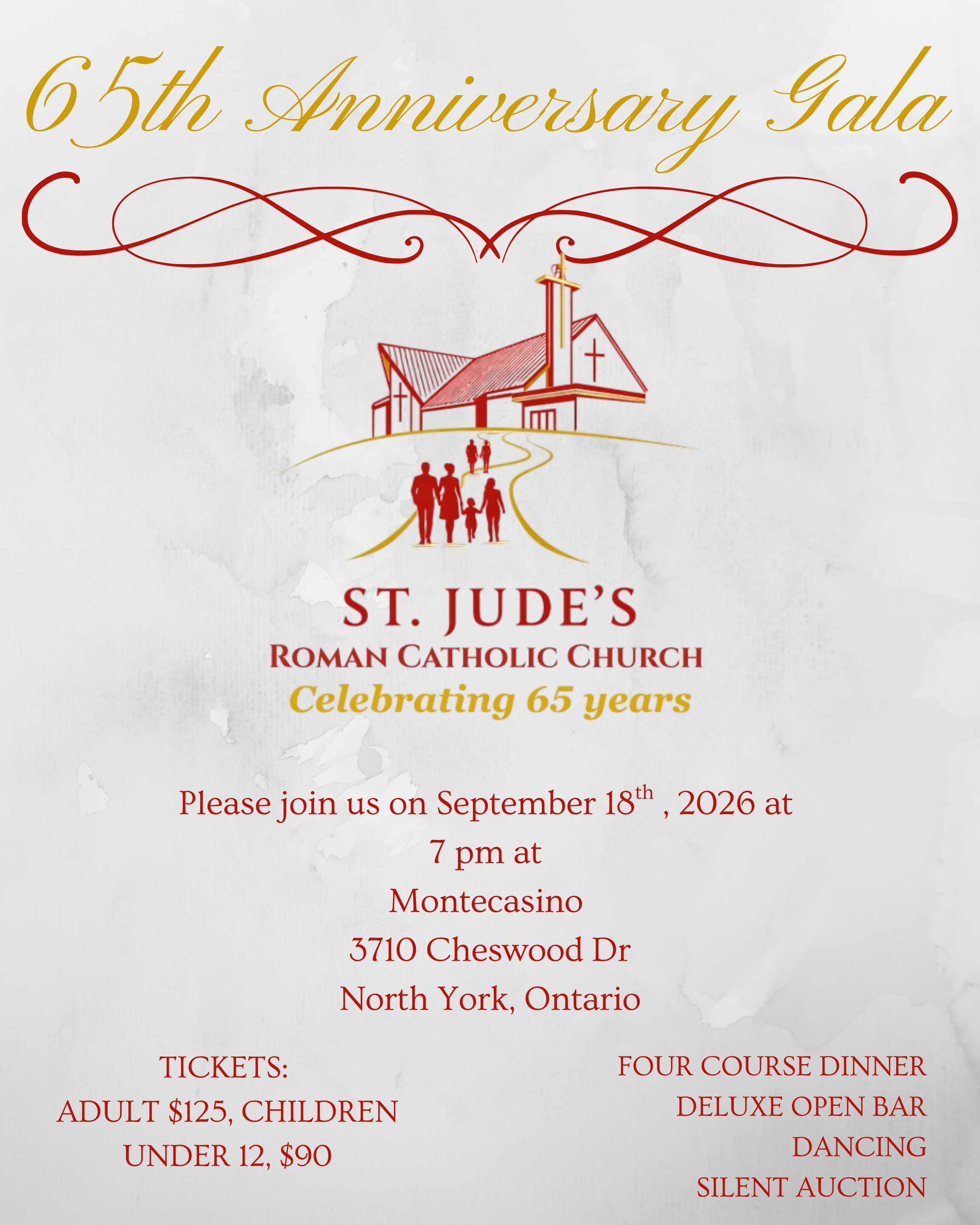 Gala Poster 65th Anniversary Depicts people walking up to the church, with the 65th Logo for the Anniversary Gala on September 18th 2026 at Montecassino at 7pm