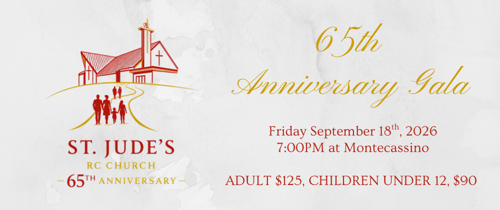 Depicts people walking up to the church, with the 65th Logo for the Anniversary Gala on September 18th 2026 at Montecassino at 7pm