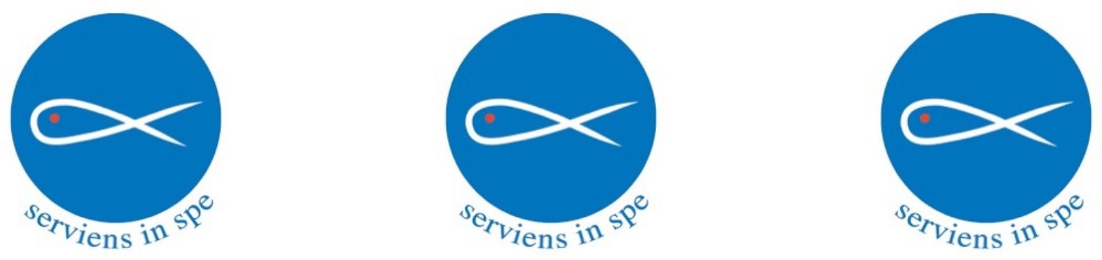 Banner of St. Vincent De Paul Logo of a fish in white on a blue circular background with their motto "Serviens in Spe" under the fish.