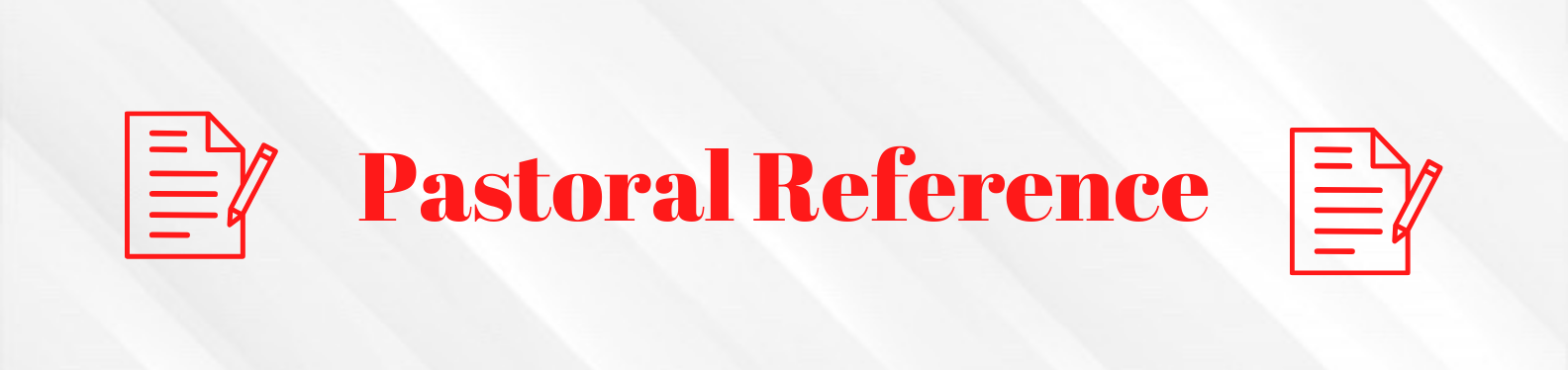 The words "Pastoral Reference" written in red on a white background. With a paper/pen icon in red to the left and right of the words.