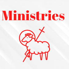 The word Ministries written in red writing with a clipart image of a lamb with a spear in a red outline below the word.