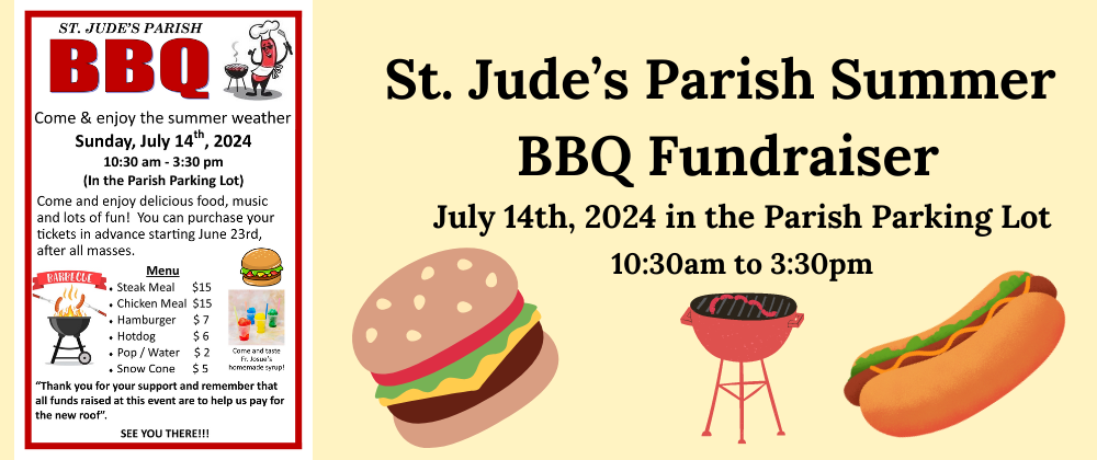 St. Jude's Parish BBQ Fundraiser on July 7th from 10:30am to 3:30pm on a yellow background with bbq icons.